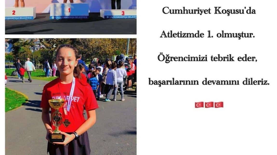 Cumhuriyet Koşusunda Atletizm İstanbul 1. olan öğrencimiz Sümeyra Buse Albay'ı tebrik eder başarılarının devamını dileriz